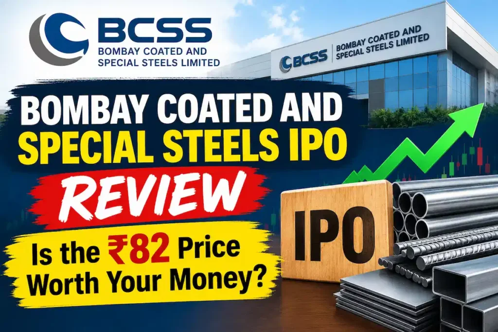 Bombay Coated and Special Steels IPO review with ₹82 price and stock market graphics.