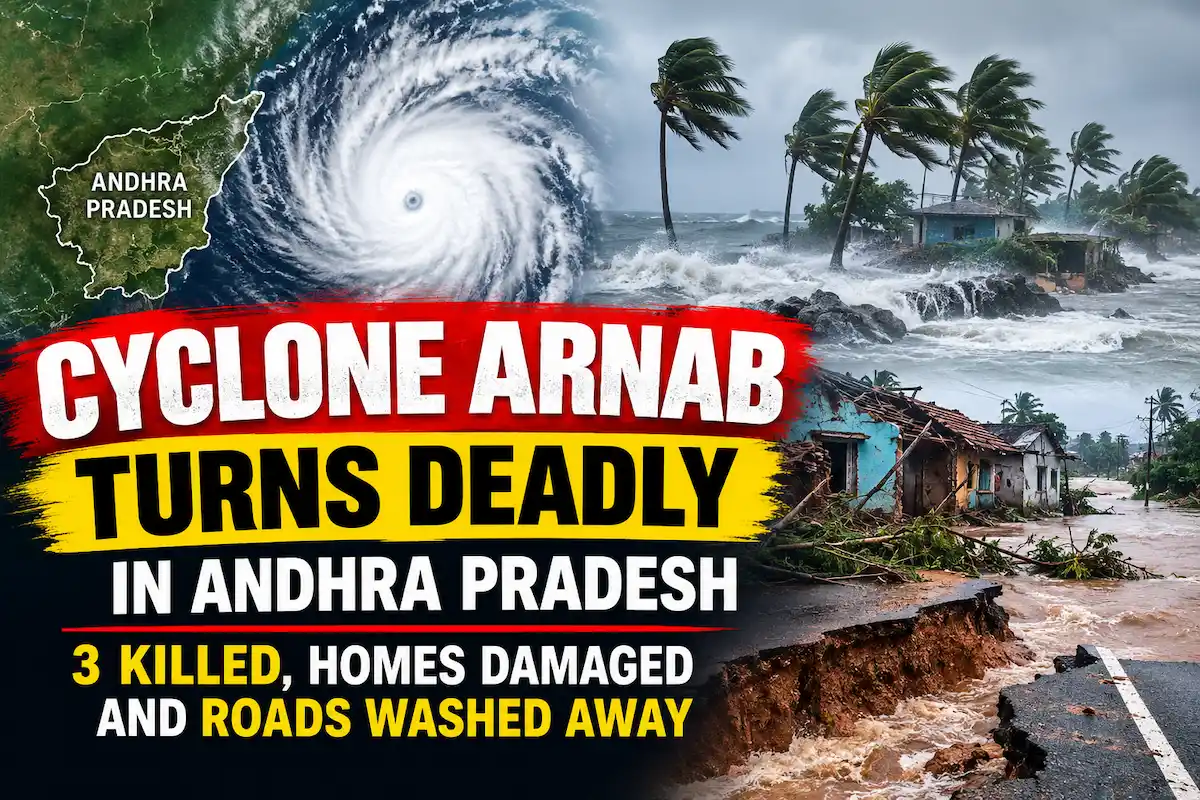 Cyclone Arnab in Andhra Pradesh causing flooding, damaged homes, and washed-away roads
