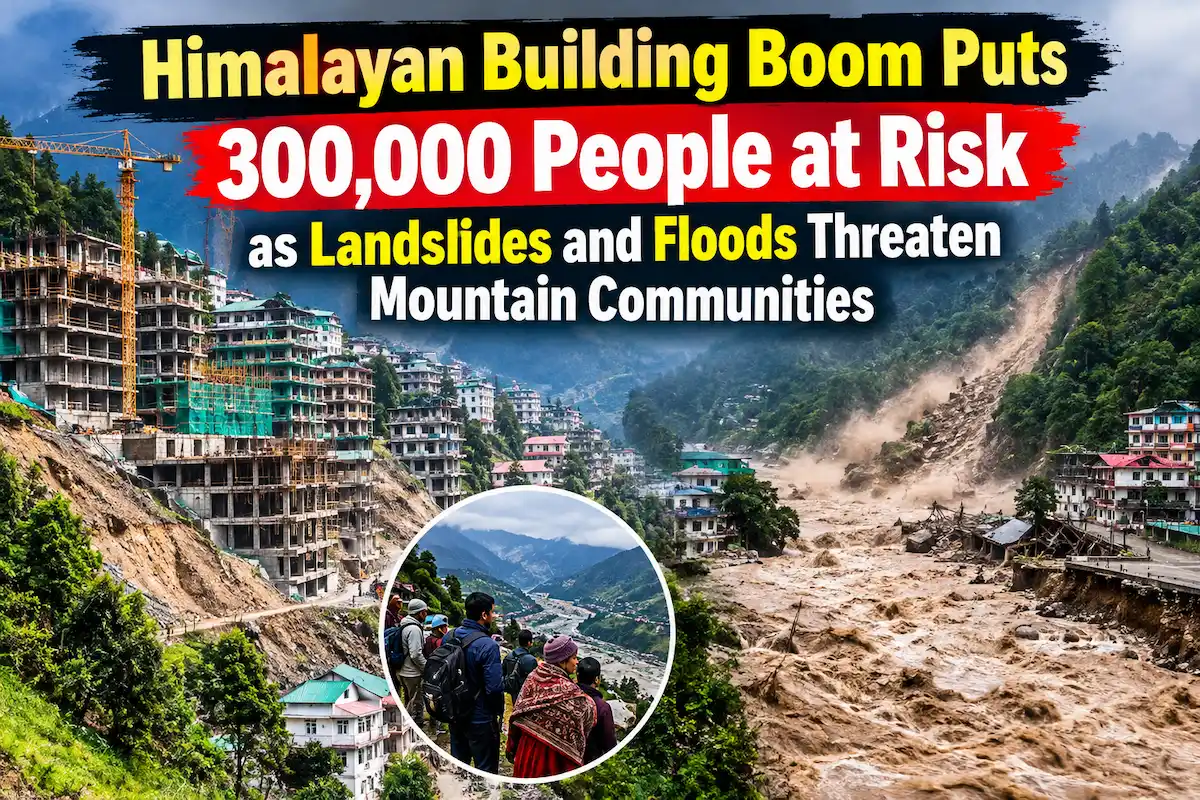 Himalayan building boom with hillside construction, landslides and floods threatening mountain communities.
