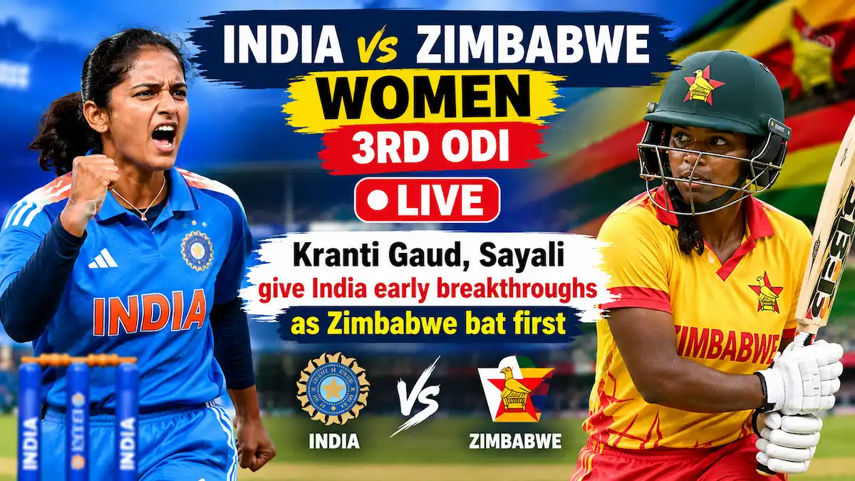India vs Zimbabwe Women 3rd ODI live score thumbnail featuring an Indian bowler celebrating as Kranti Gaud and Sayali give India early breakthroughs against Zimbabwe.