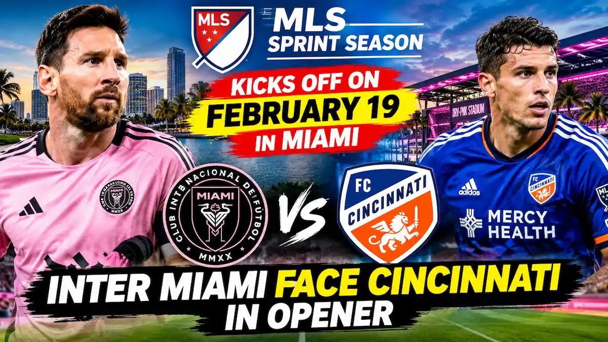 MLS Sprint Season begins February 19 in Miami, featuring Lionel Messi and Inter Miami against FC Cincinnati in the season opener.