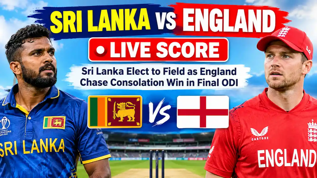 Sri Lanka vs England Live Score thumbnail featuring players from both teams ahead of the final ODI, with Sri Lanka electing to field and England chasing a consolation win.